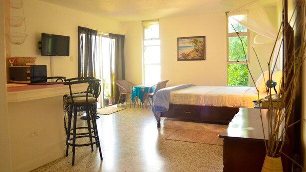 A room with a bed, a desk with a computer, a chair, and a TV on the wall. - Crystal Beach Studio (Montego Bay)