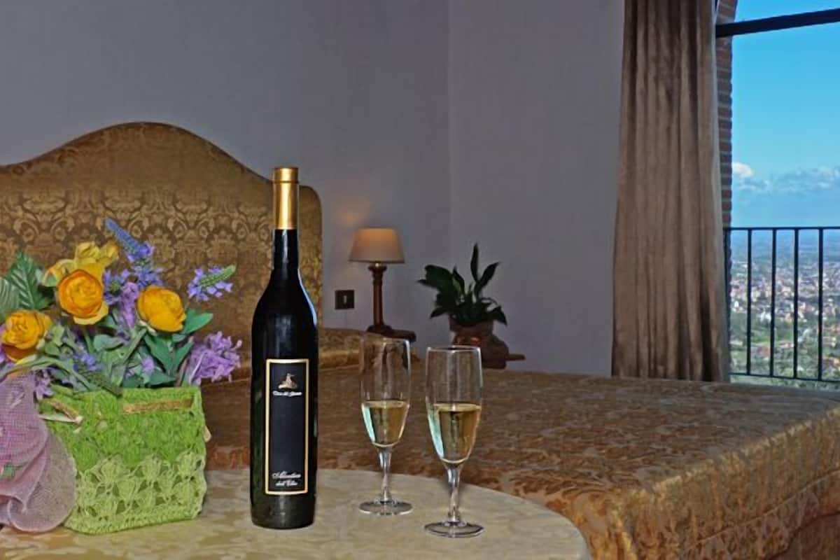 Une chambre d’hôtel avec un lit, une table sur laquelle se trouve une bouteille de vin et deux verres, un vase décoratif avec des fleurs, et une vue sur la ville par la fenêtre.