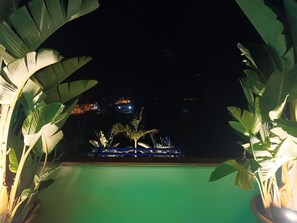 A nighttime view of a pool area surrounded by large tropical plants.