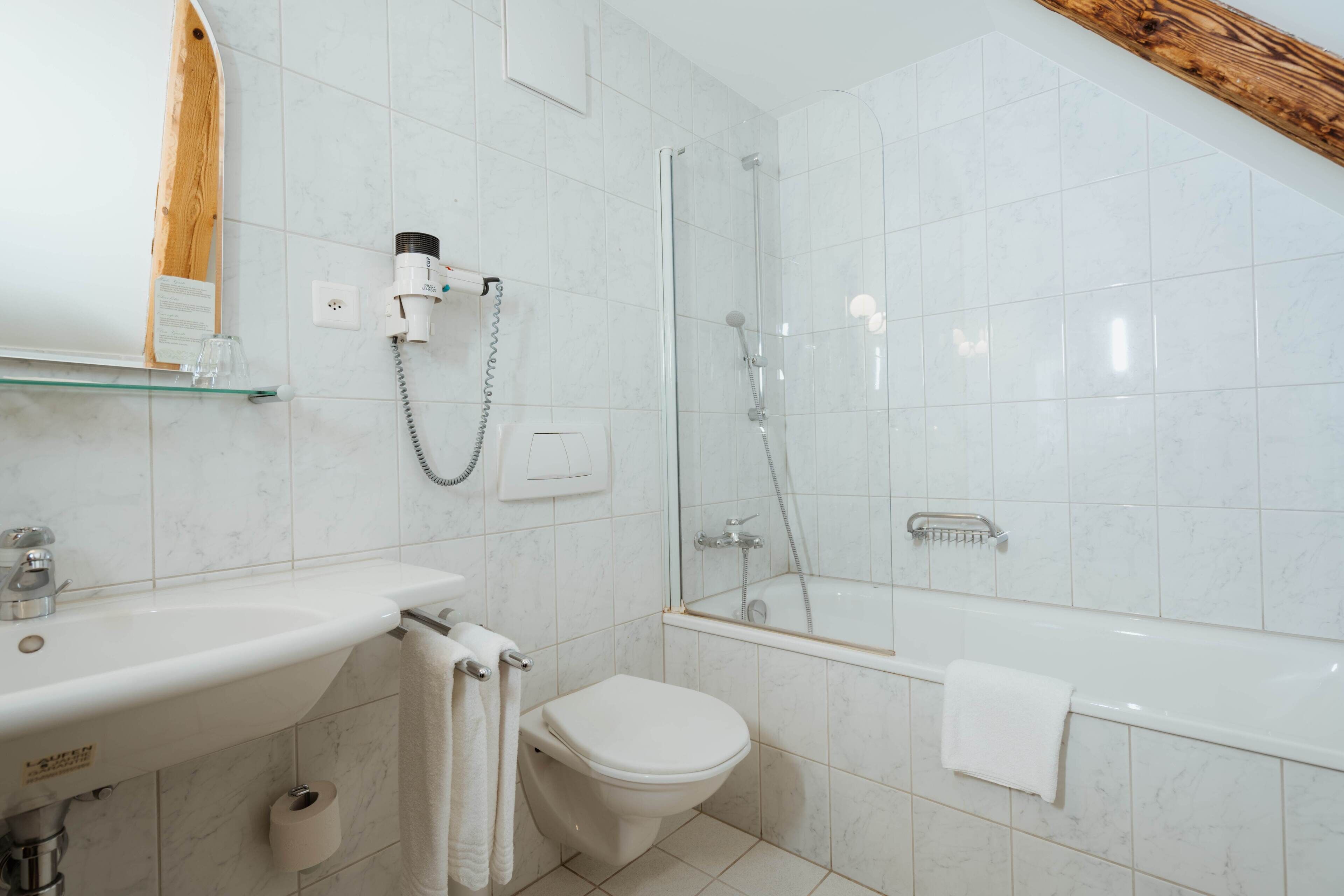 Ein modernes Badezimmer mit einer Duschkabine, einem weißen Waschbecken und einer Toilette.