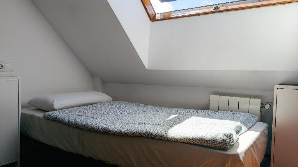 A small, single-bed room with a sloped ceiling and a skylight.