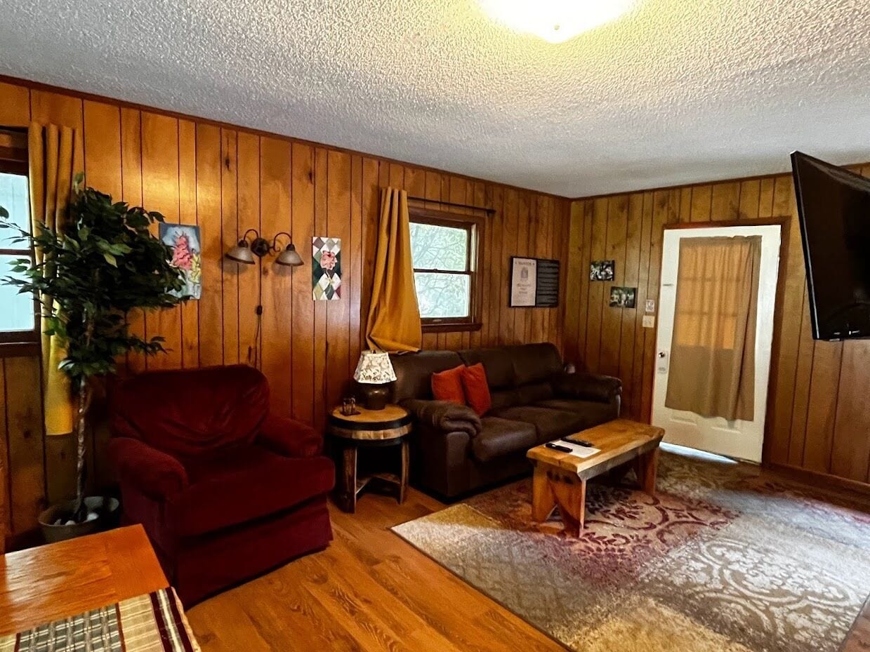 comfort cabin, 1 queen bed, river view | living area | 42-inch tv with cable channels