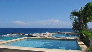 A pool with a view of the ocean and rocky coastline. - Ocean Resort Villa Condor (Willemstad)