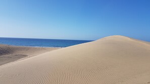 A sandy beach with a clear blue sky and calm sea.