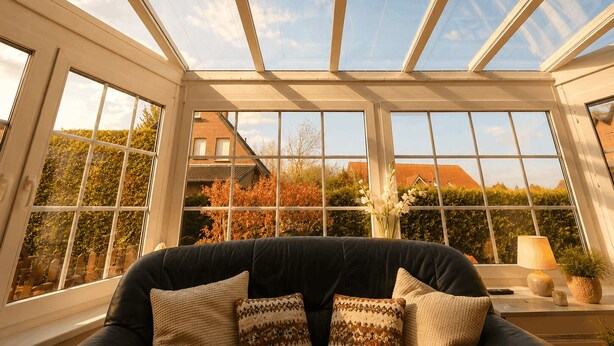 A conservatory with a dark sofa, patterned cushions, and a lamp on a side table.