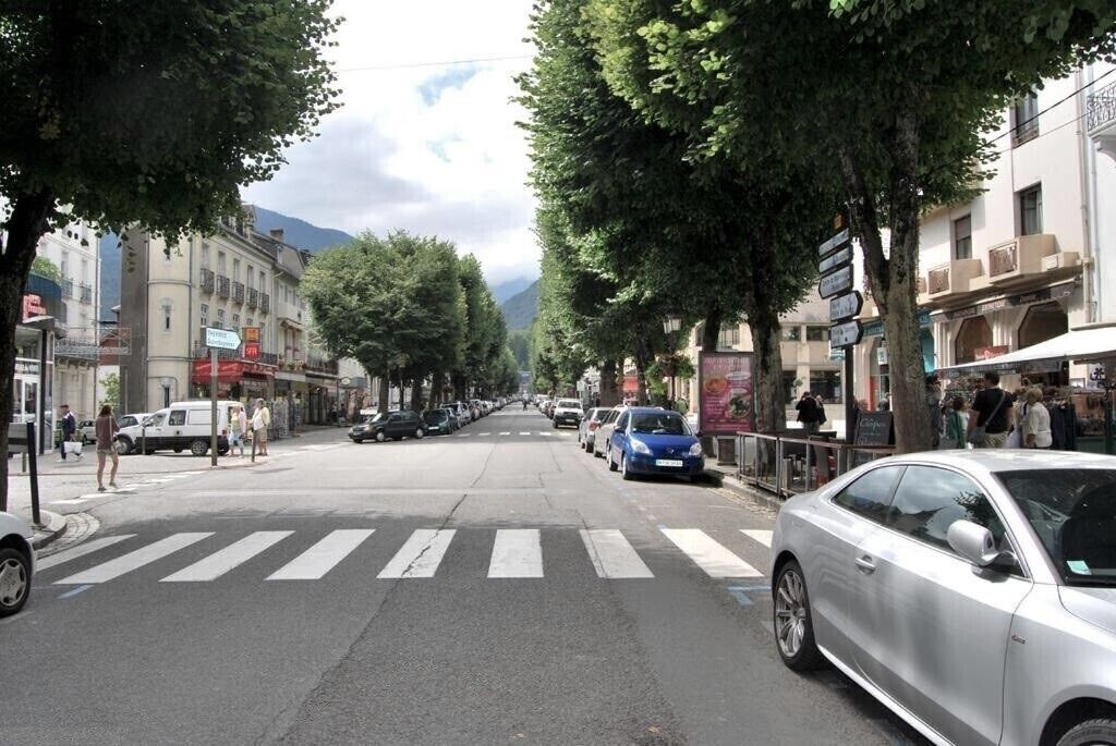 Una calle bordeada de árboles y con coches aparcados, con edificios a ambos lados y un paso de peatones en el centro.