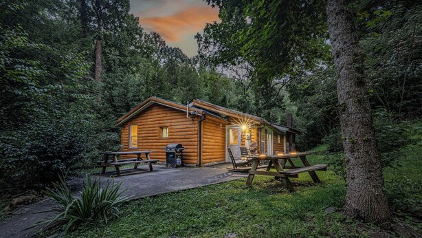 A log cabin with a patio area, picnic tables, and a fire pit.
