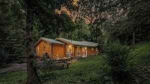 A log cabin with a porch, surrounded by dense forest.