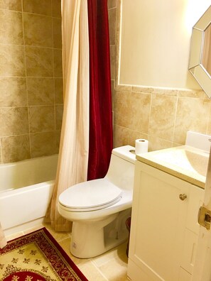 Hair dryer, towels, shampoo, toilet paper