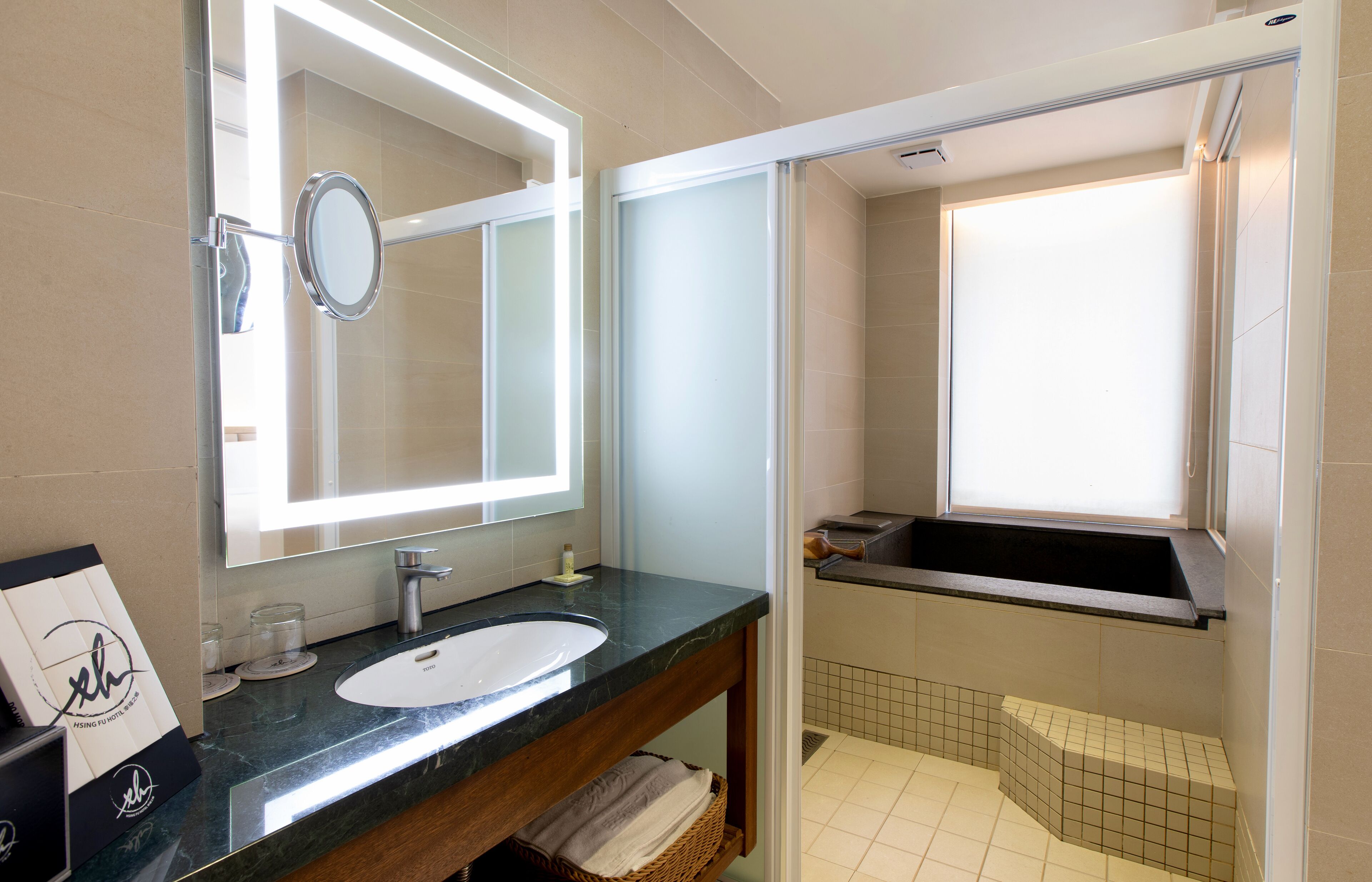 separate bathtub and shower, spring water bathtub, free toiletries