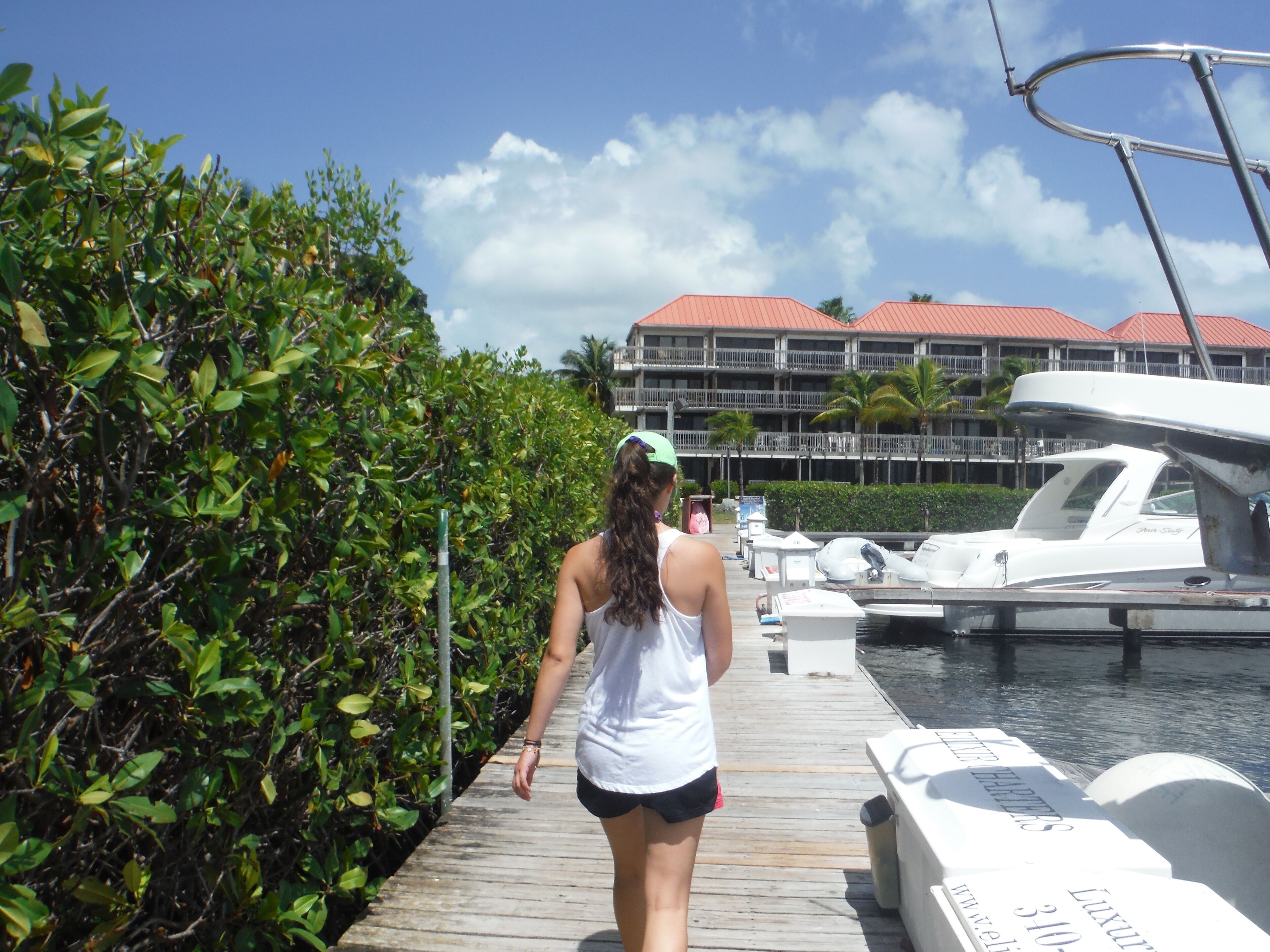 A person walking on a wooden dock towards a marina with boats and a building with a red roof in the background.