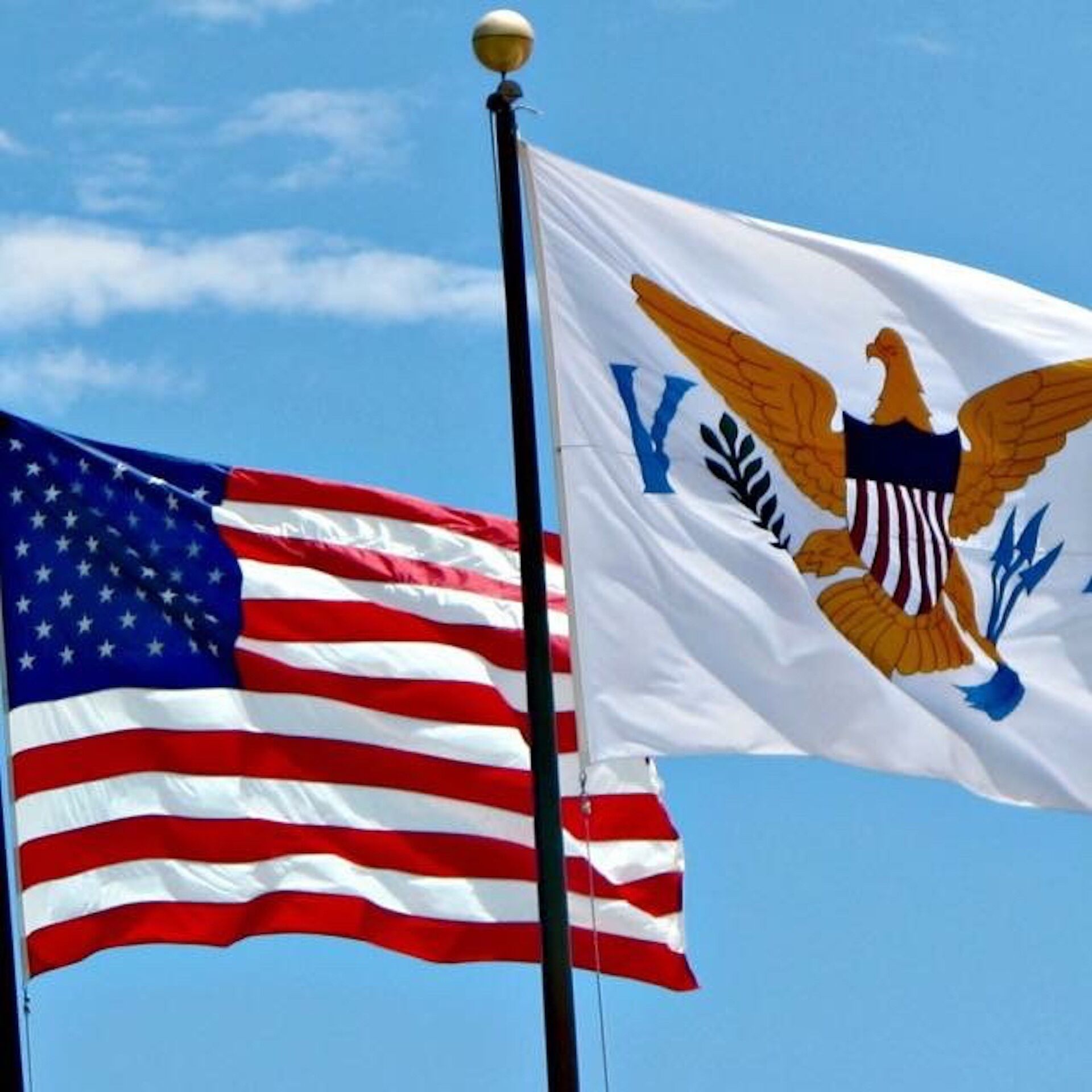 Two flags on a flagpole against a clear sky.