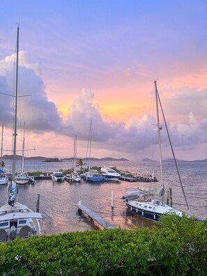 Una marina con diverse barche a vela ormeggiate, acqua calma e terra in lontananza.