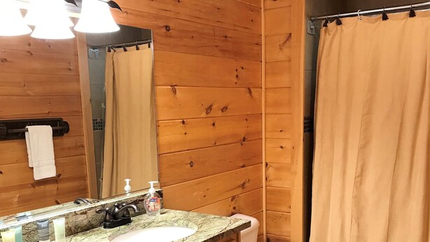 Une salle de bain rustique, aménagée dans une cabane en bois, avec un lavabo, un miroir et des toilettes.