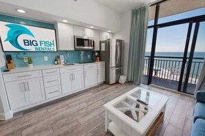 Fridge, microwave, stovetop, coffee/tea maker - Beachfront condo w/ ocean views & hot tub (North Myrtle Beach)