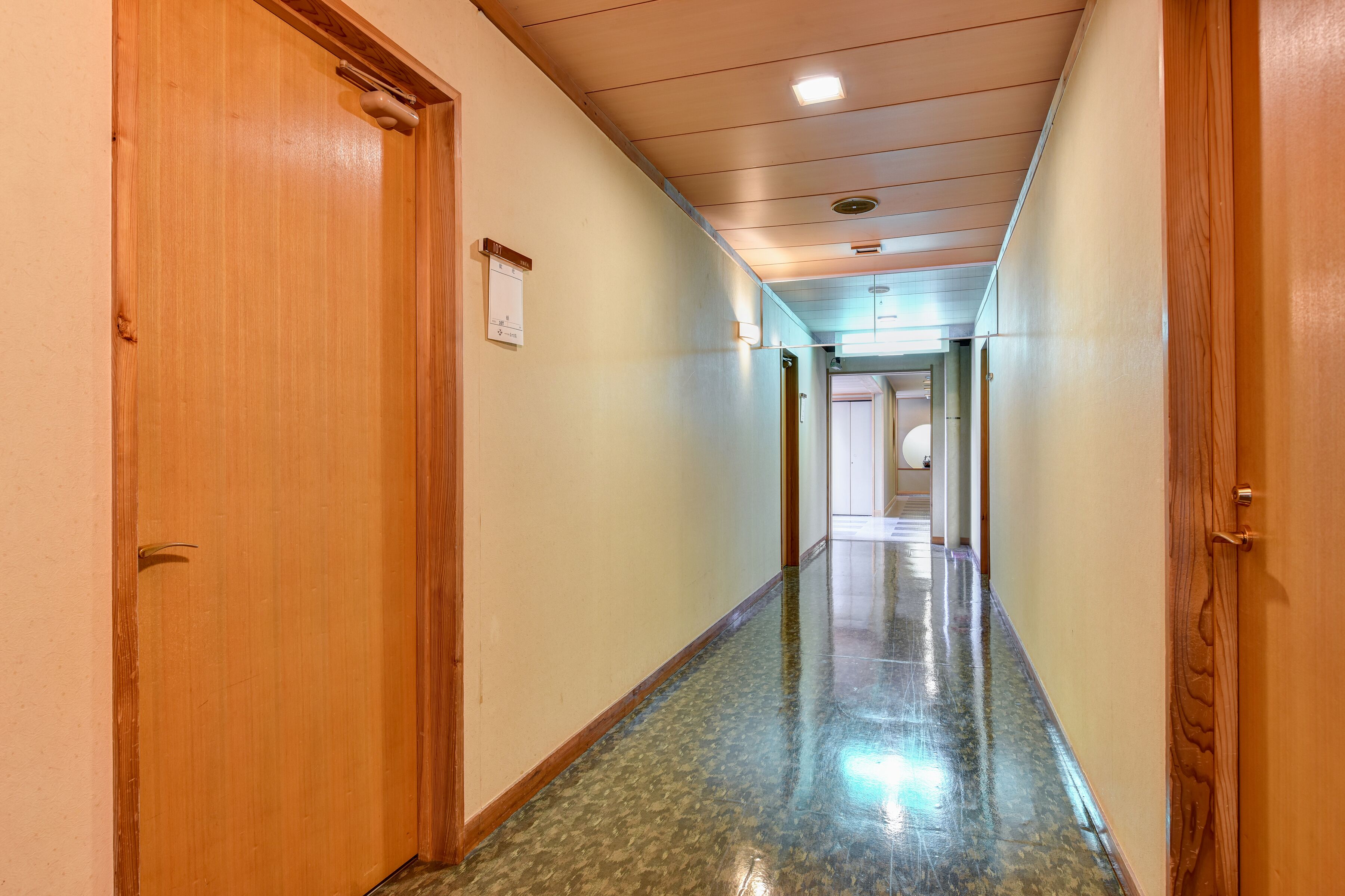 A long, narrow hallway with wooden doors on both sides and a polished floor.