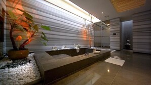 Un baño moderno con un espejo grande, un lavabo empotrado y una planta en maceta.