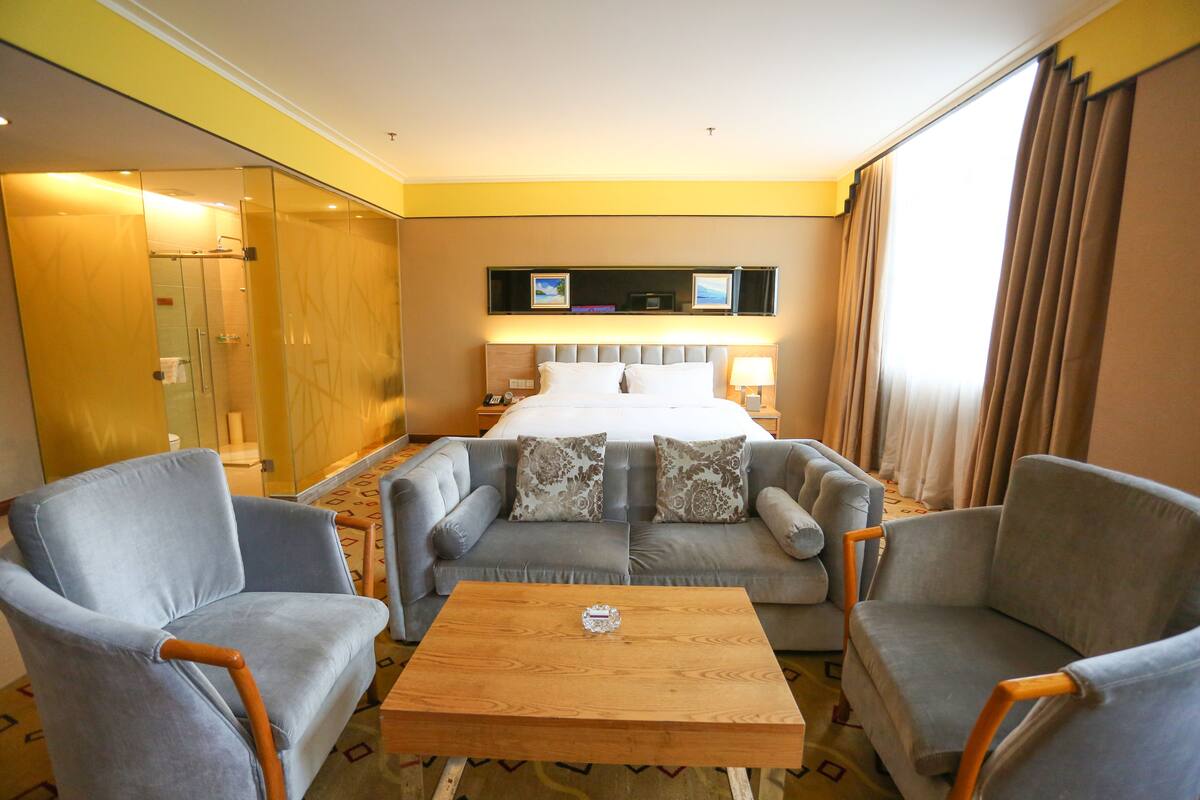 A hotel room with a bed, two armchairs, a coffee table, a TV, and a glass shower enclosure.
