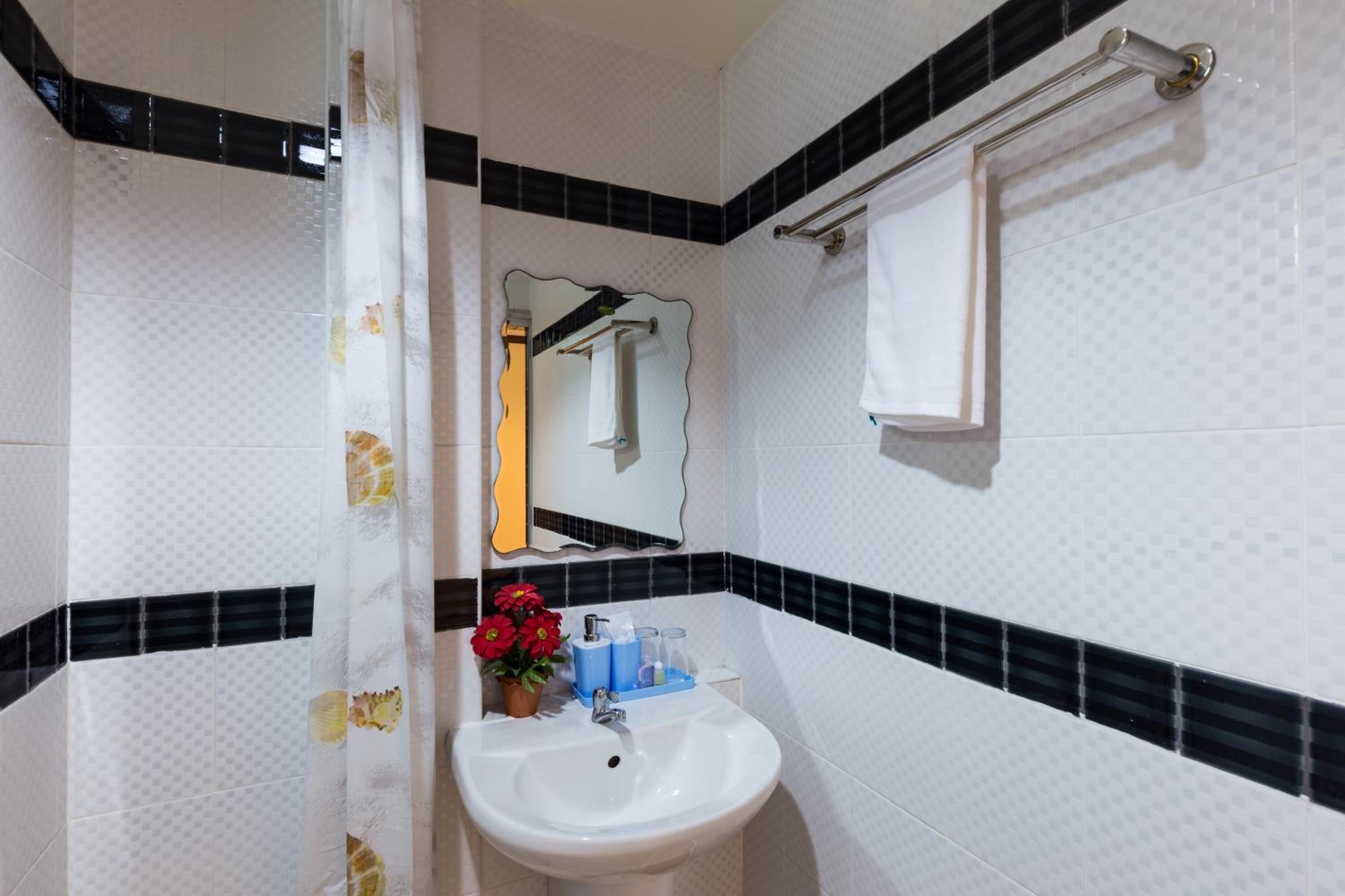 Casa de banho com uma pia branca, um espelho, um porta-toalhas e uma cortina de chuveiro.