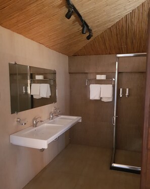 A modern bathroom with a wooden ceiling, a glass shower enclosure, and a double sink with a large mirror.