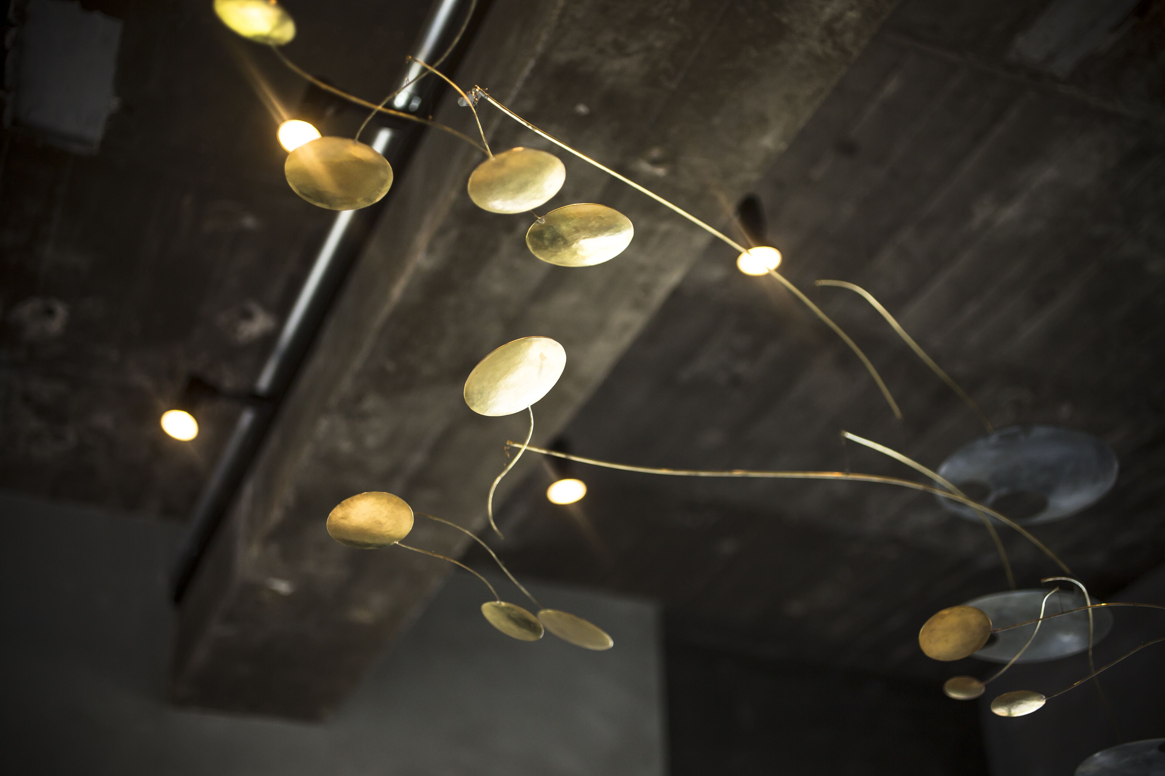 A string of pendant lights with spherical glass shades hanging from a metal frame.