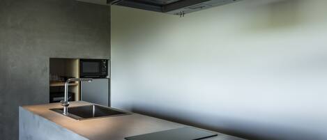 A modern kitchen with a built-in microwave, stainless steel sink, and a sleek countertop.