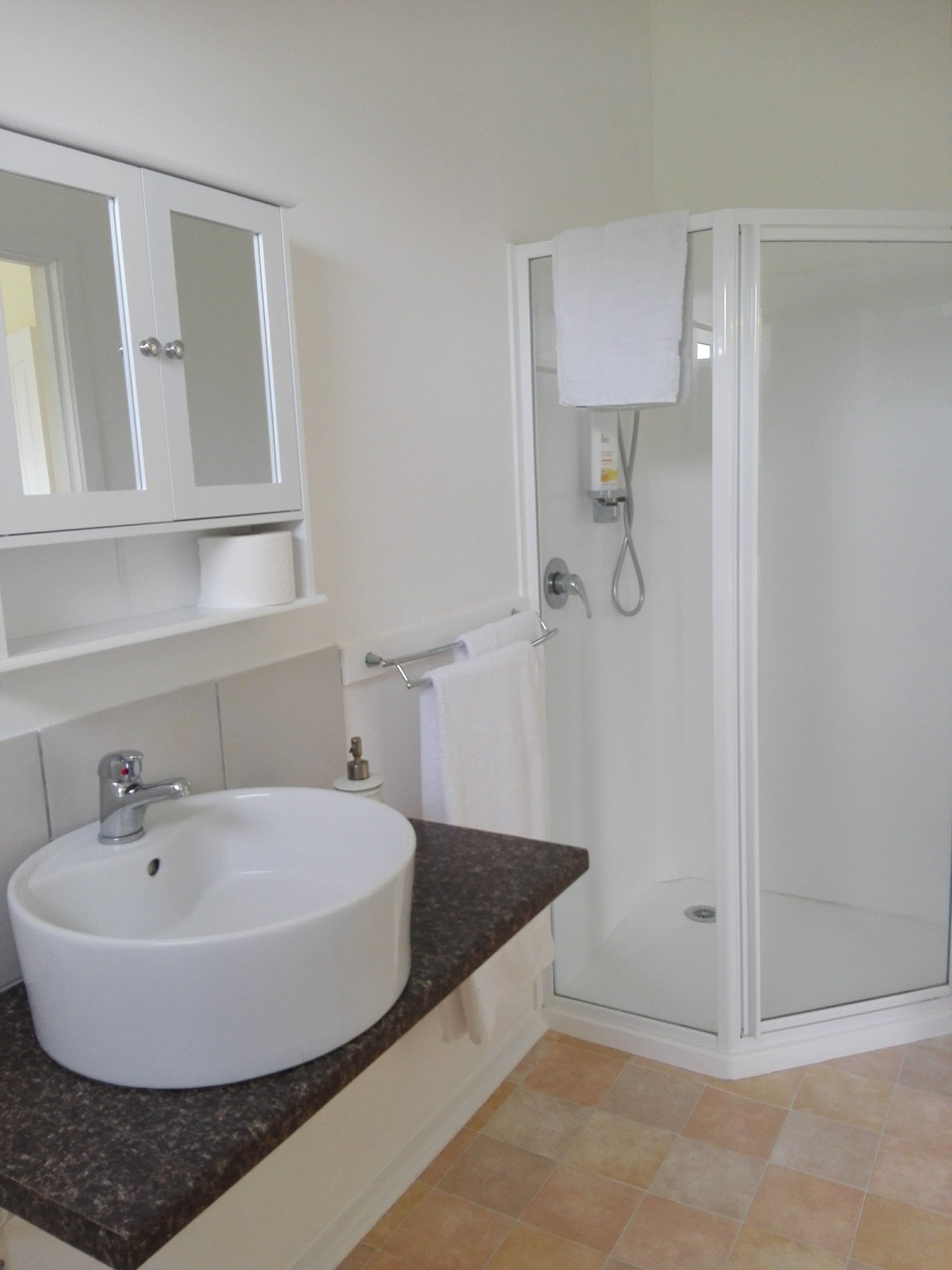 A bathroom with a white sink, a mirror, and a glass-enclosed shower.