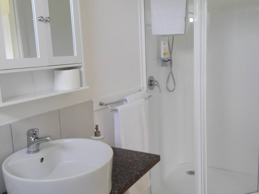 A bathroom with a white sink, a mirror, and a glass-enclosed shower.
