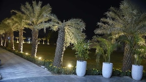 A nighttime outdoor area with palm trees and large planters along a paved walkway. - Pride Hotel & Convention Centre Indore (Indore)