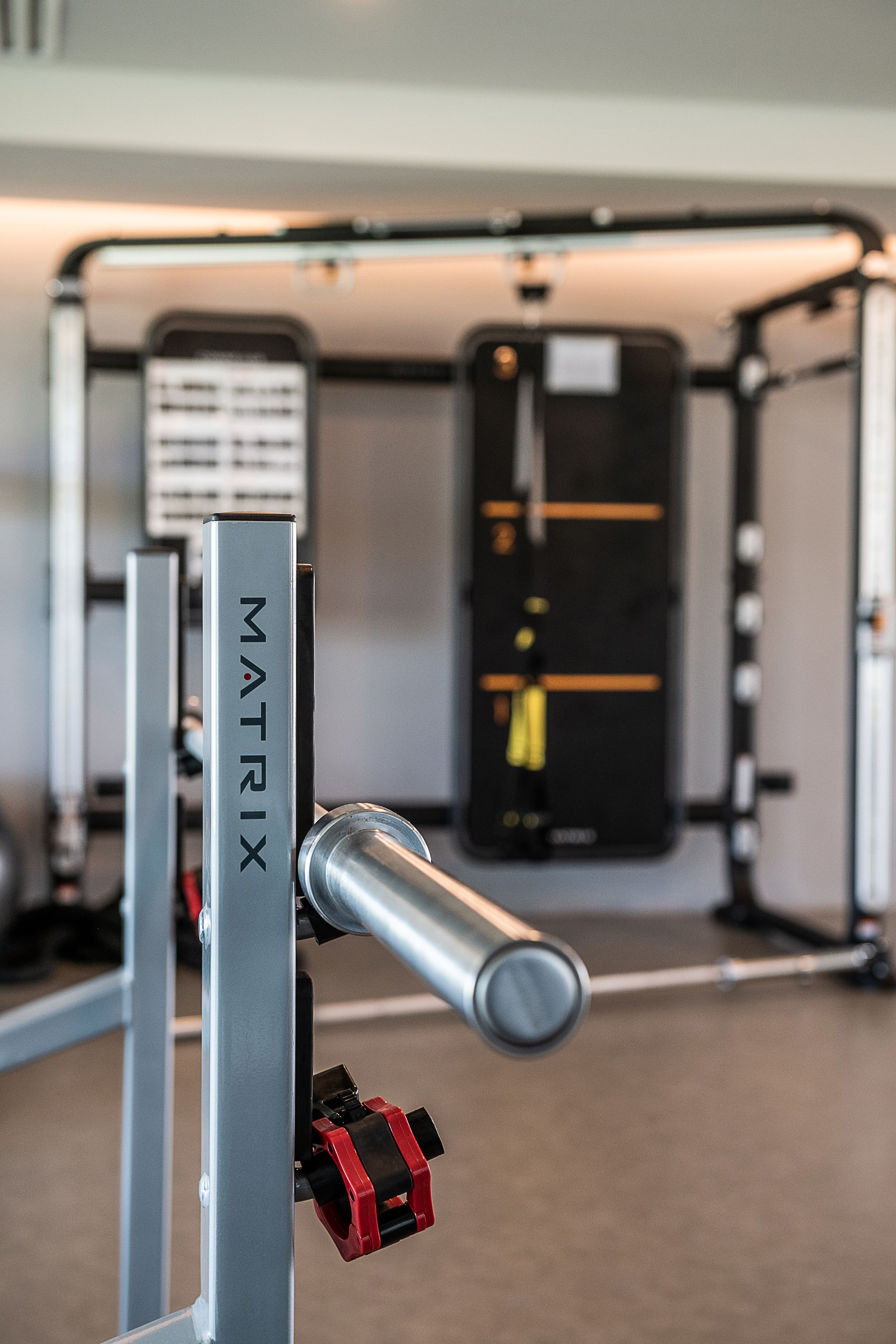 A gym with a pull-up bar labeled "MATRIX" and weightlifting equipment.