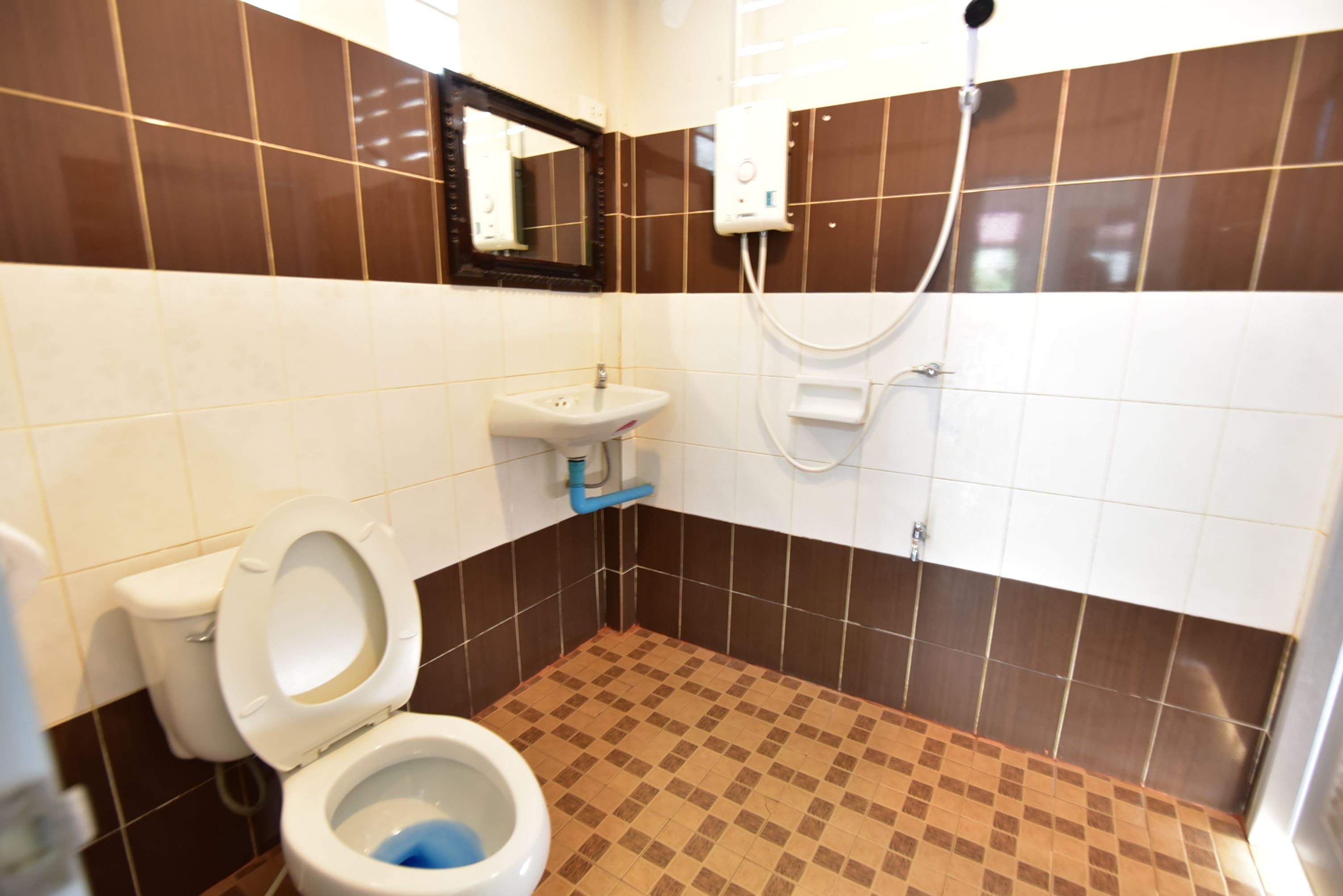 A bathroom with a toilet, sink, and shower.