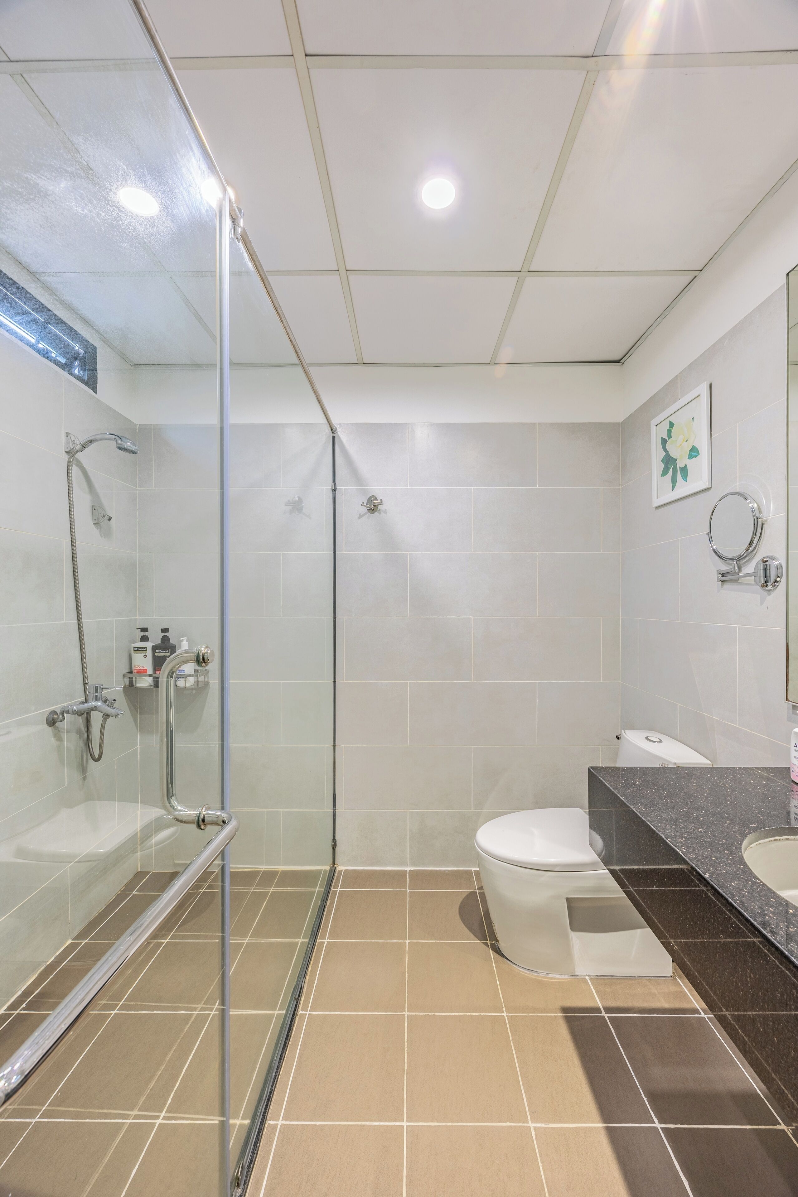 A modern bathroom with a glass shower enclosure, a white toilet, and a granite countertop.