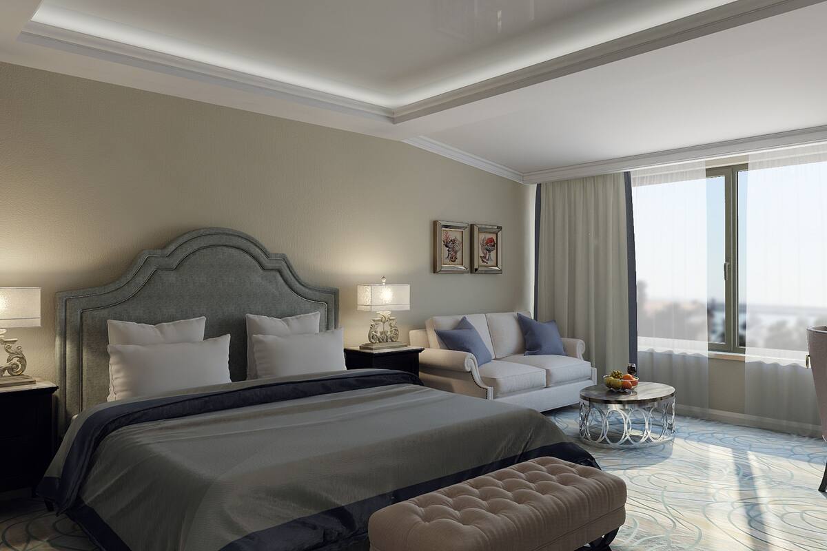Deluxe Double Room, Partial Sea View | 1 bilik tidur, peti besi dalam bilik, meja, ruang kerja komputer riba
