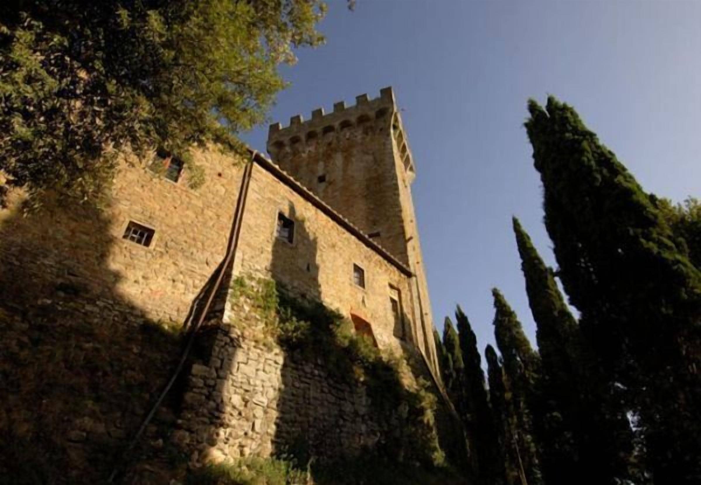 Un castillo de piedra con una torre alta, rodeado de árboles.