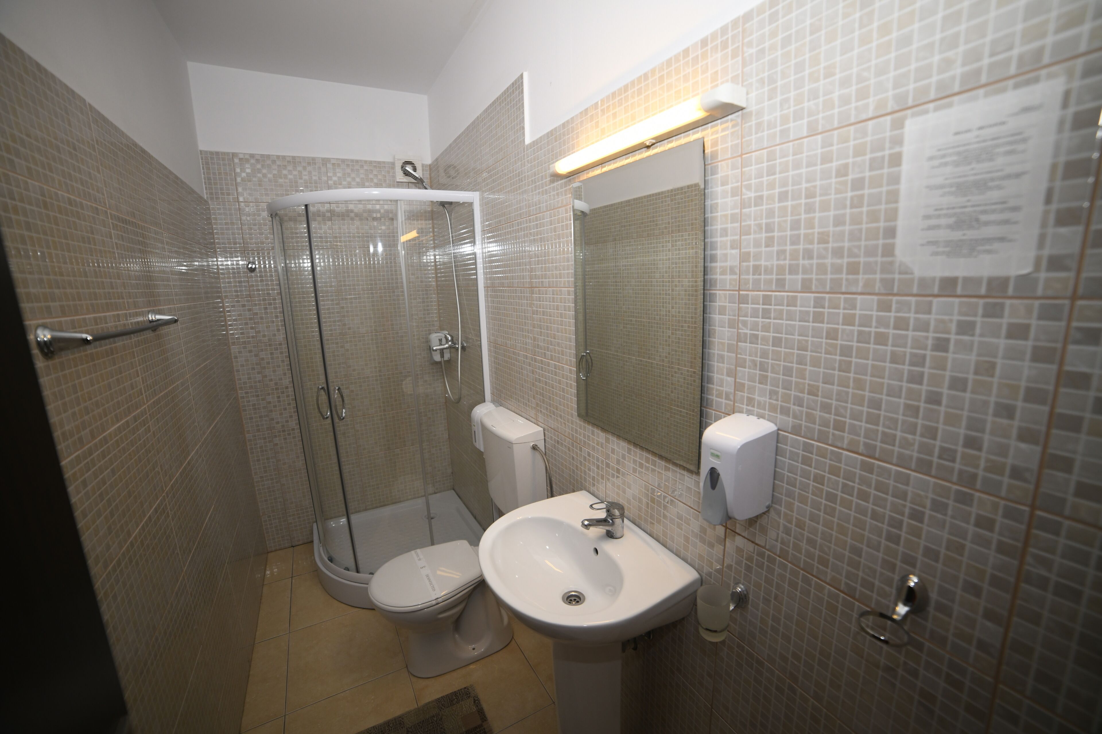 Un baño con ducha envuelta en cristal, inodoro y lavabo con espejo sobre él.
