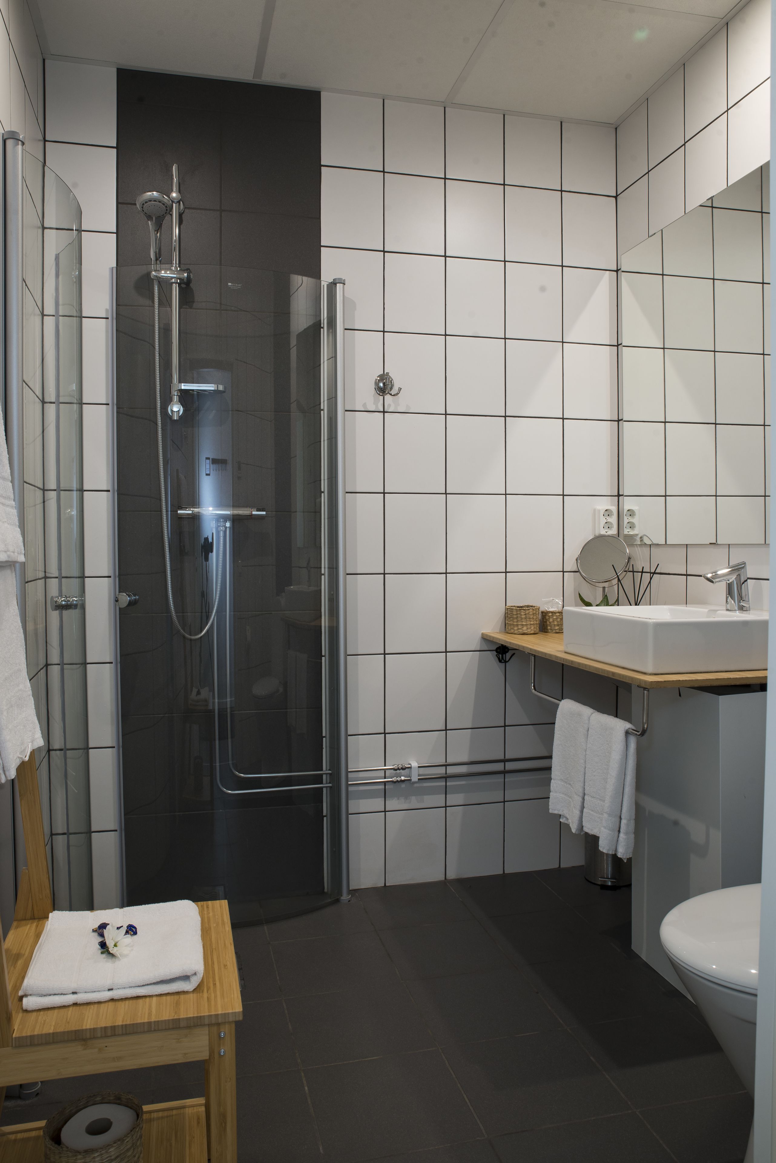 shower, free toiletries, hair dryer, heated floors