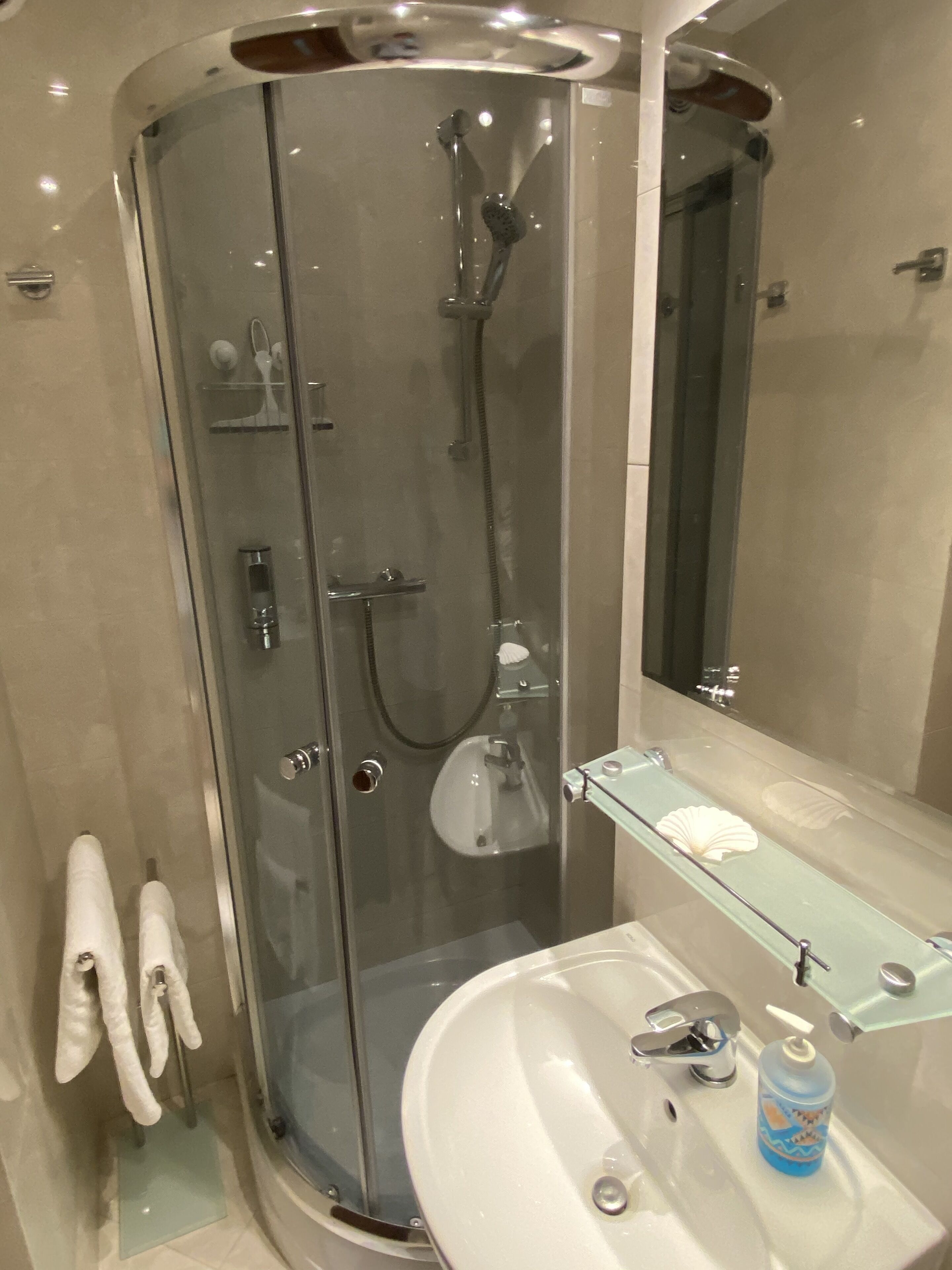 Une salle de bain moderne avec une douche à parois de verre, un lavabo blanc et une étagère en verre où sont rangés les articles de toilette.