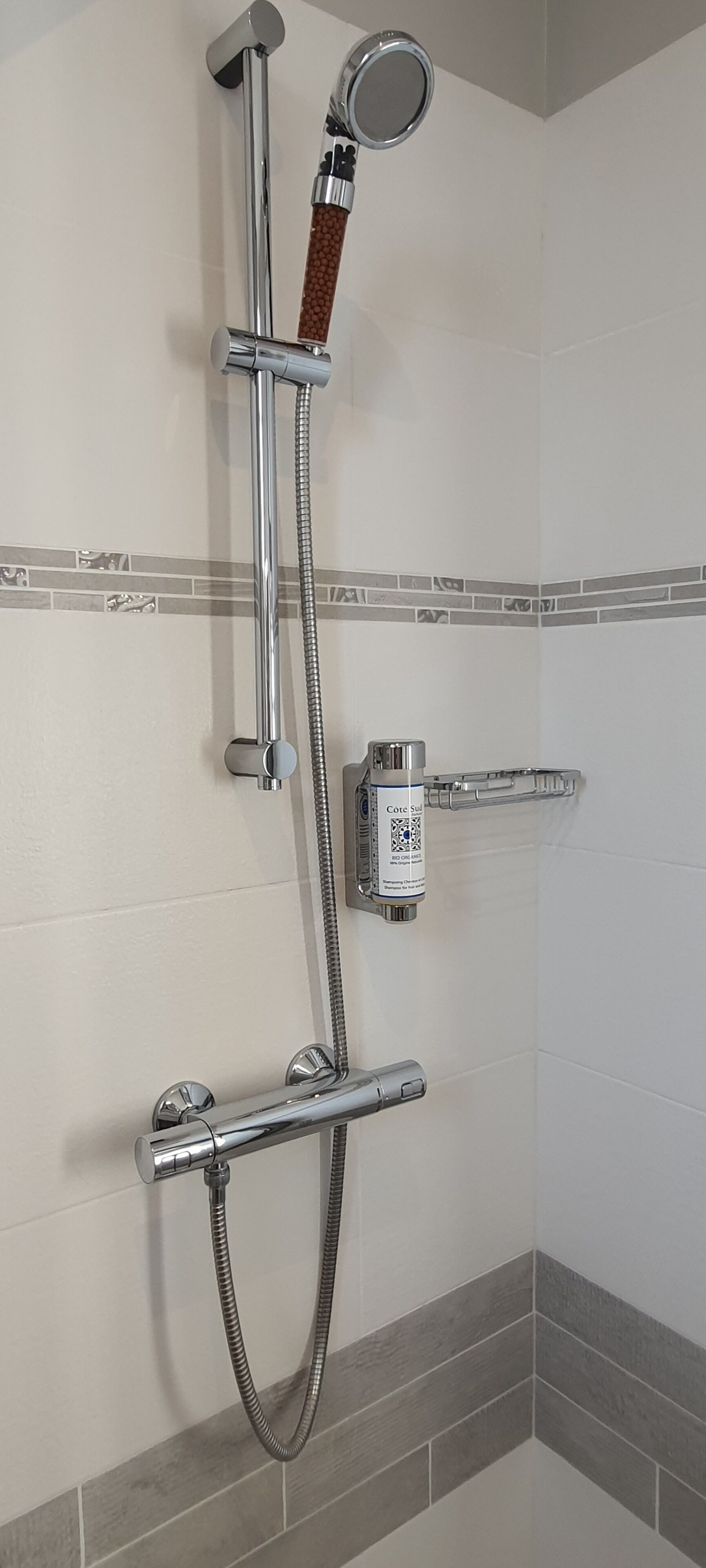 Une douche équipée d’un pommeau de douche à main, d’un panneau de commande mural et d’un flexible de douche à main.