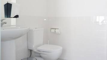 A bathroom with a white sink, toilet, and trash bin.