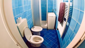 Une salle de bain avec des carreaux bleus, des toilettes, un bidet et un espace douche.