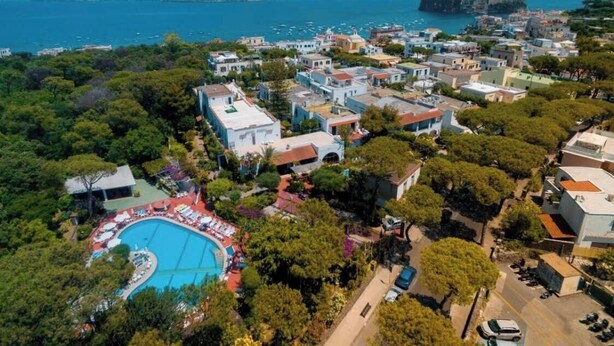 An aerial view of a coastal town with a large swimming pool surrounded by lush greenery, a variety of buildings, and a prominent rocky island in the background. - Hotel Pineta (Ischia)