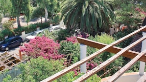 A balcony with wooden railings overlooking a garden with various plants and a view of a hill with a castle-like structure in the distance. - Hotel Pineta (Ischia)