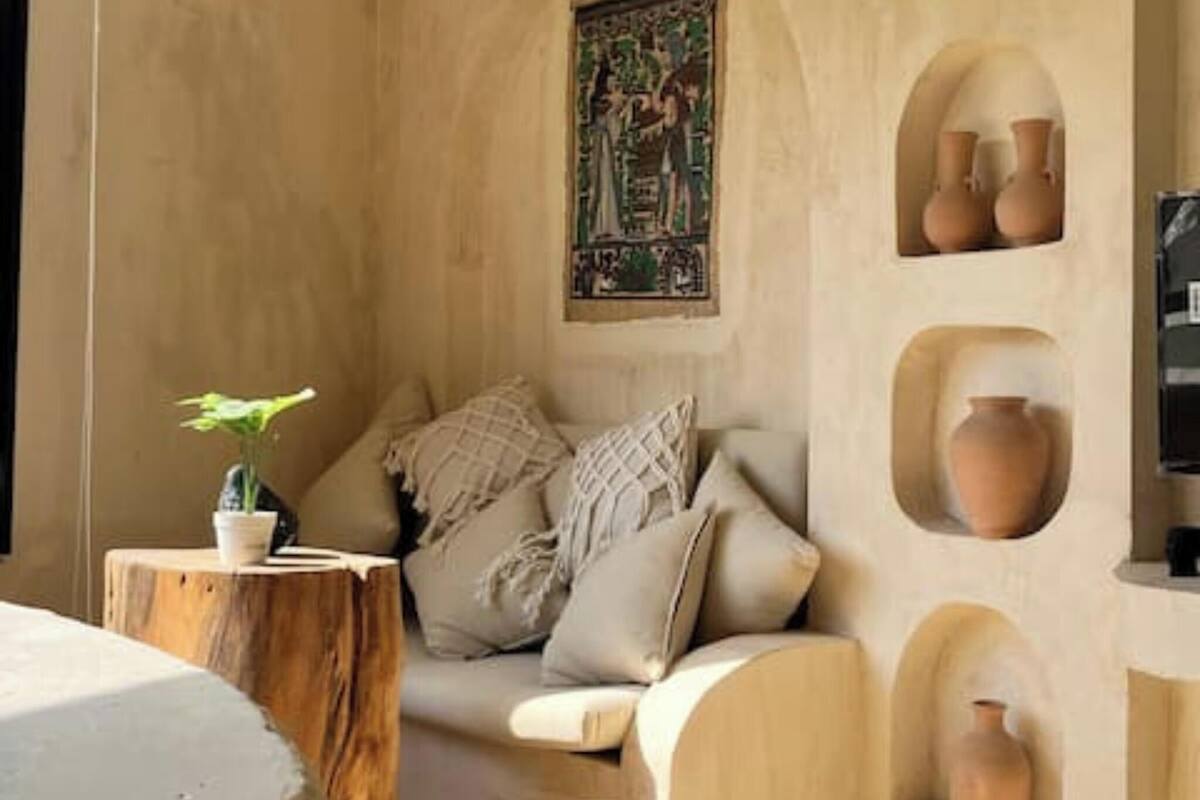 A room with a sofa, a small table with a plant, and pottery displayed on the wall.