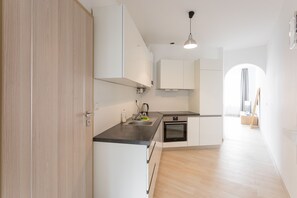 Apartamento conforto, 1 quarto, para não fumantes, vista para a cidade (TOP 10) | Cozinha privada | Geladeira grande, micro-ondas, fogão, cooktop