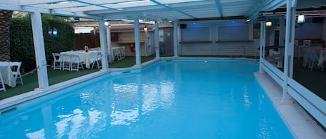 Indoor pool, outdoor pool, pool loungers