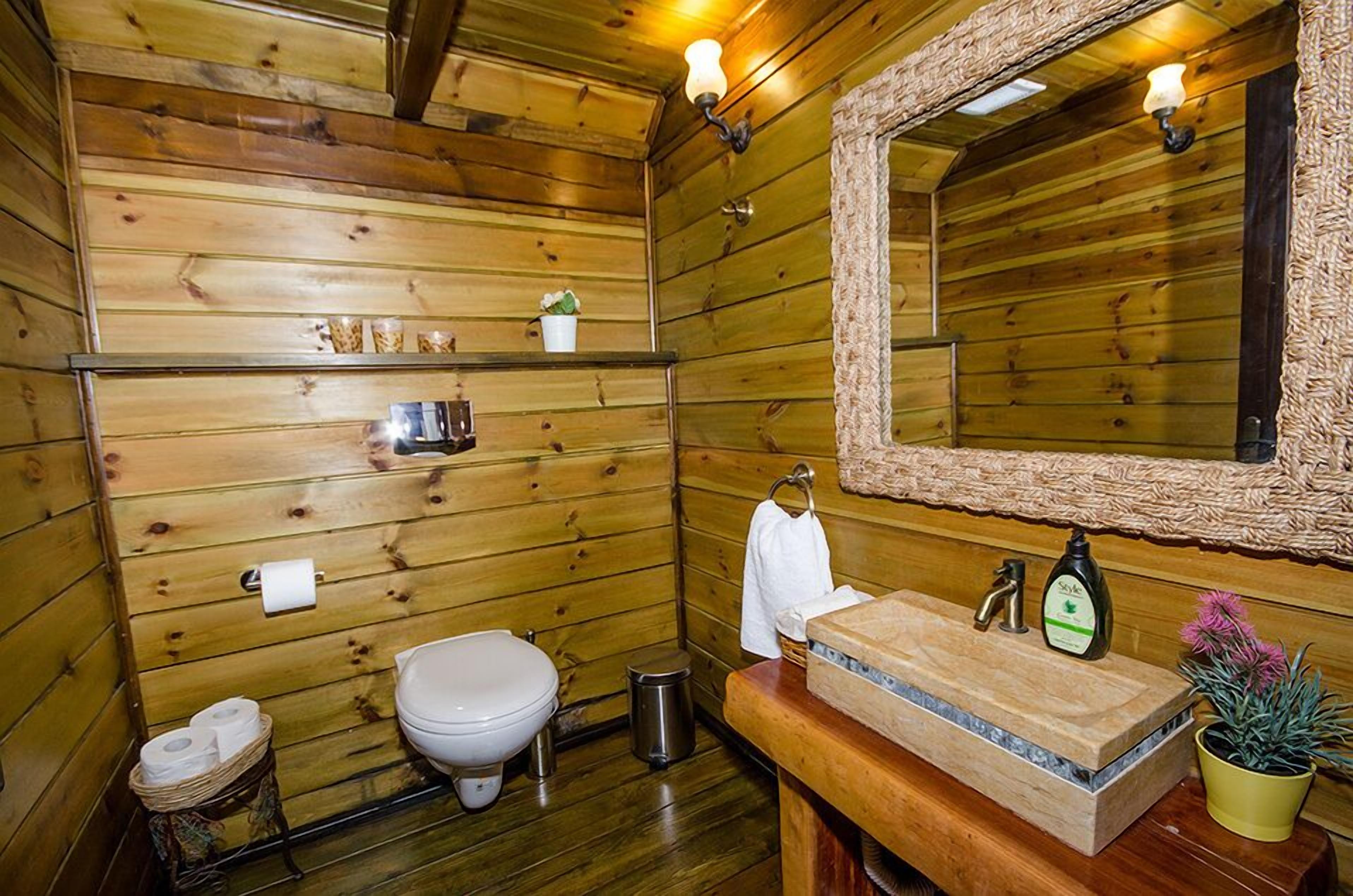 Baño de cabaña de madera con inodoro, lavabo, espejo y estantes con artículos de aseo.