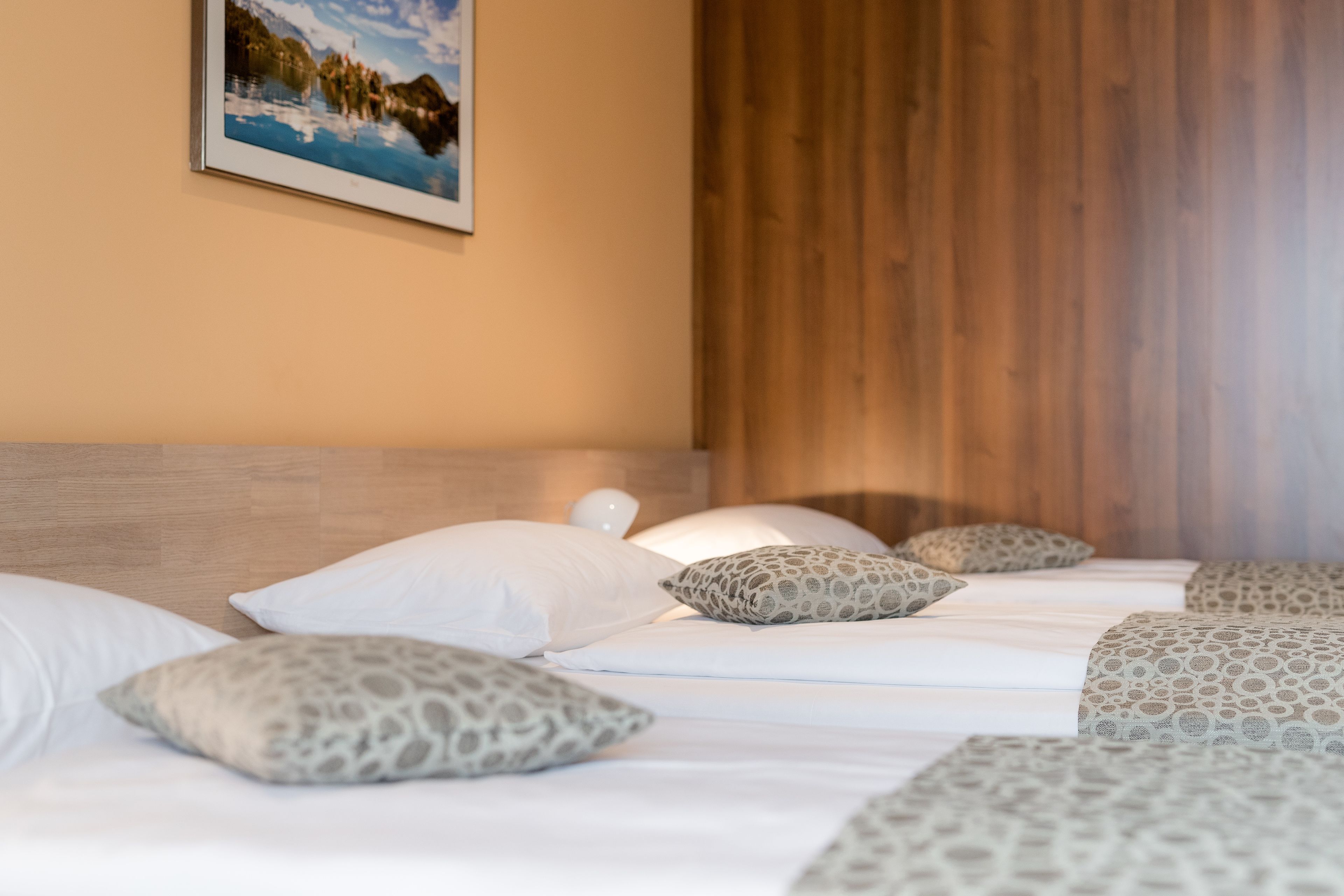 A neatly made bed with patterned pillows, a wooden headboard, and a framed picture on the wall.