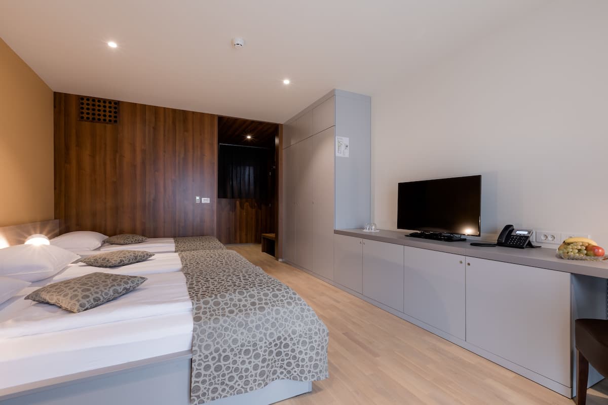 Habitació d'hotel moderna amb llit, escriptori, televisió i petita cuineta.