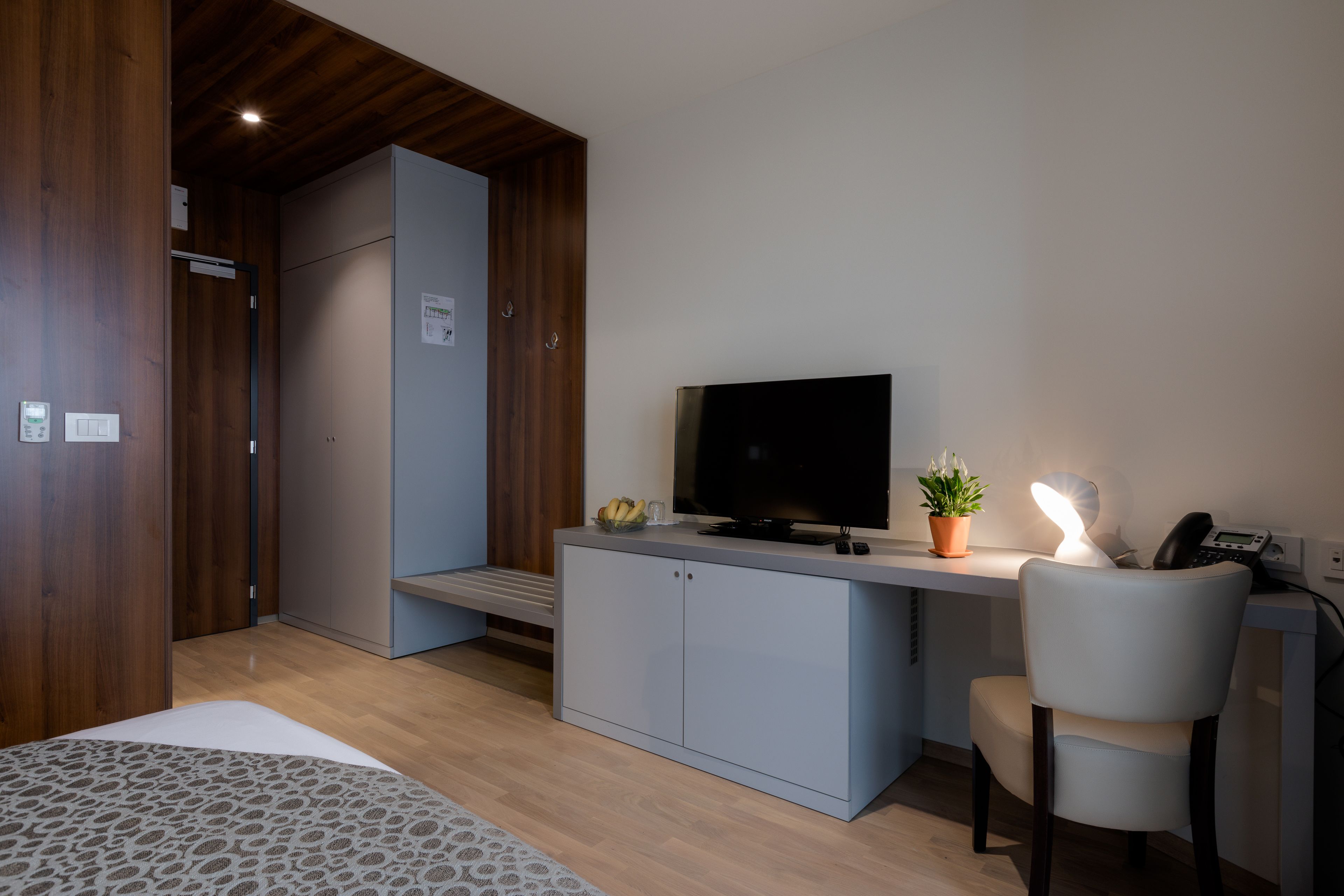 A modern bedroom with a bed, a desk with a TV, a chair, and a potted plant.
