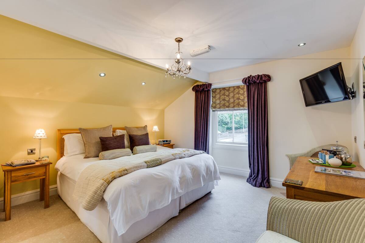 A bedroom with a large bed, bedside tables, a TV, and a window with curtains.